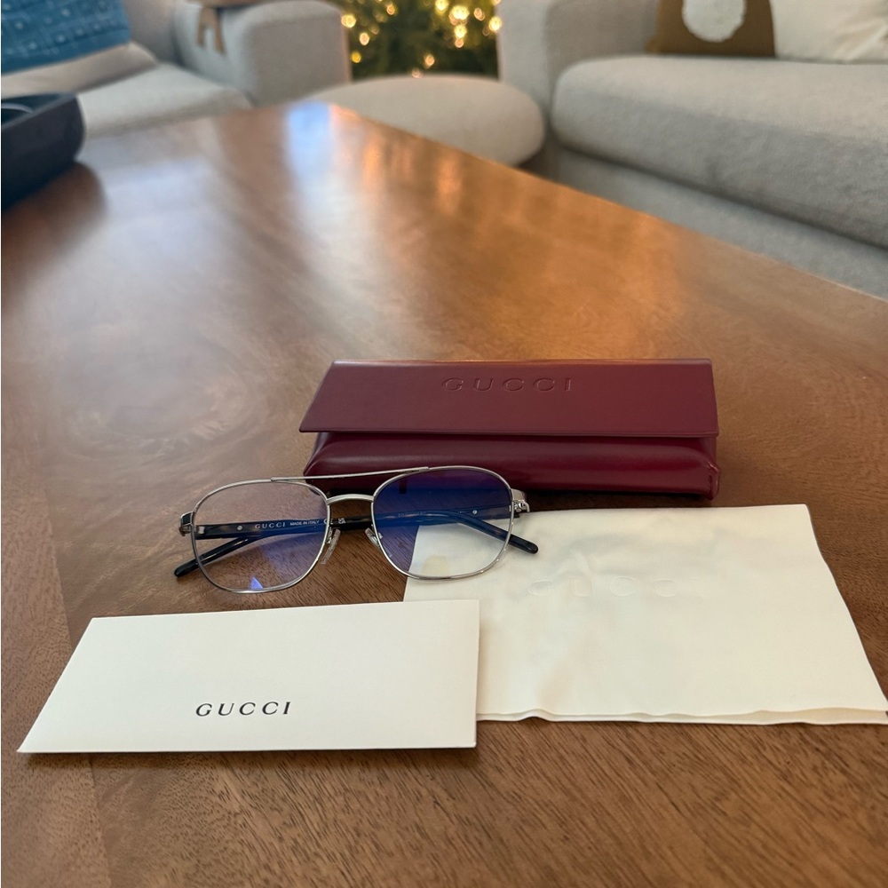 Gucci Silver and Blue Eyeglasses with Burgundy Case
